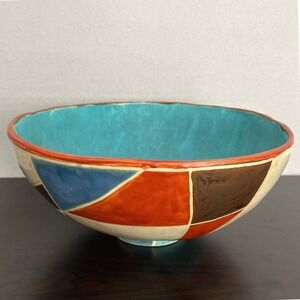 Hand Painted Geometric Studio Pottery Bowl Turquoise Interior MCM Signed Art